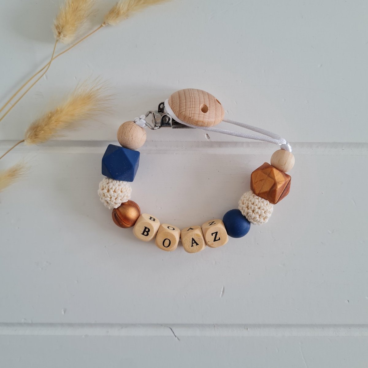 Goedkoopste Speenkoord met naam - speenketting - jongen - donkerblauw - koper - beige - kraamcadeau - musthave - model BOAZ
