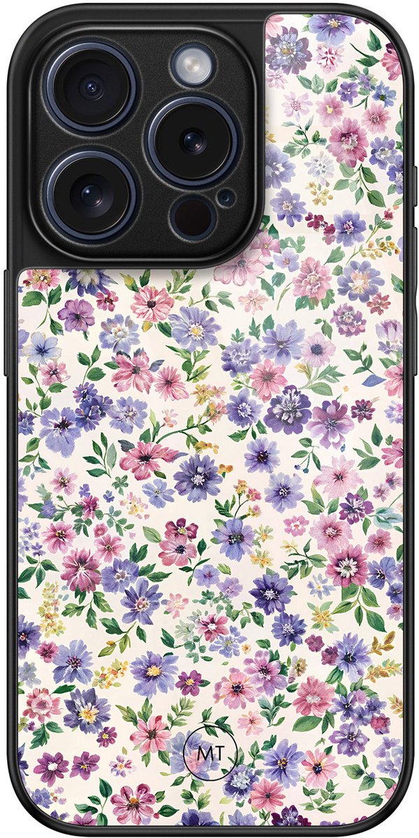 Hoesje geschikt voor iPhone 15 Pro - Paarse bloemen - Luxe Hard Case - Bloemen - Paars - Mooie Telefoonhoesjes