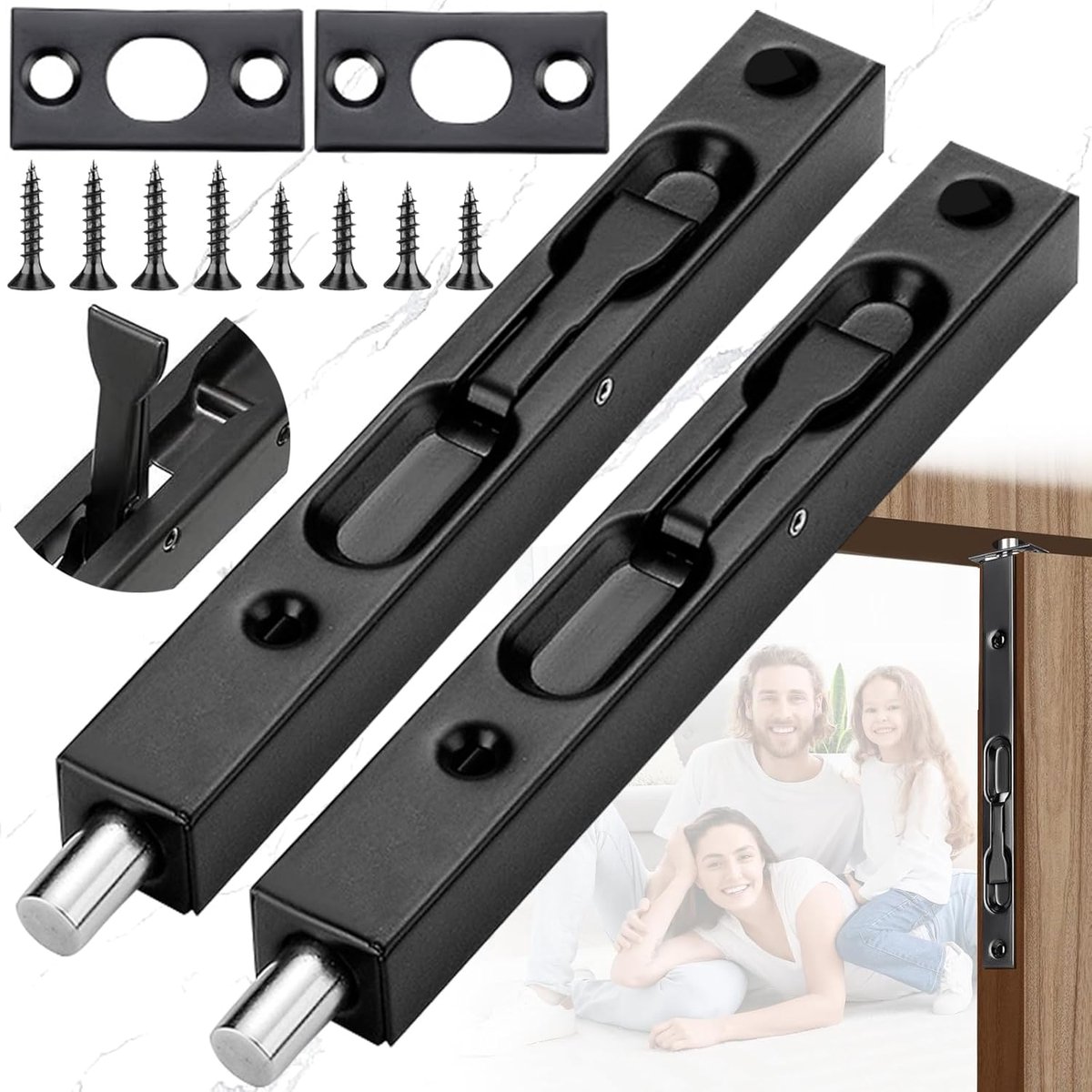 Famanu - 2 Stuks Rvs Matte Slide Klink, Flush Bout Deurslot, Latch Slide Bout Lock, 6 Inch Rvs Schuif Deurklink Bout Zwarte Flush Bout met Schroeven Voor Slaapkamer, Kast