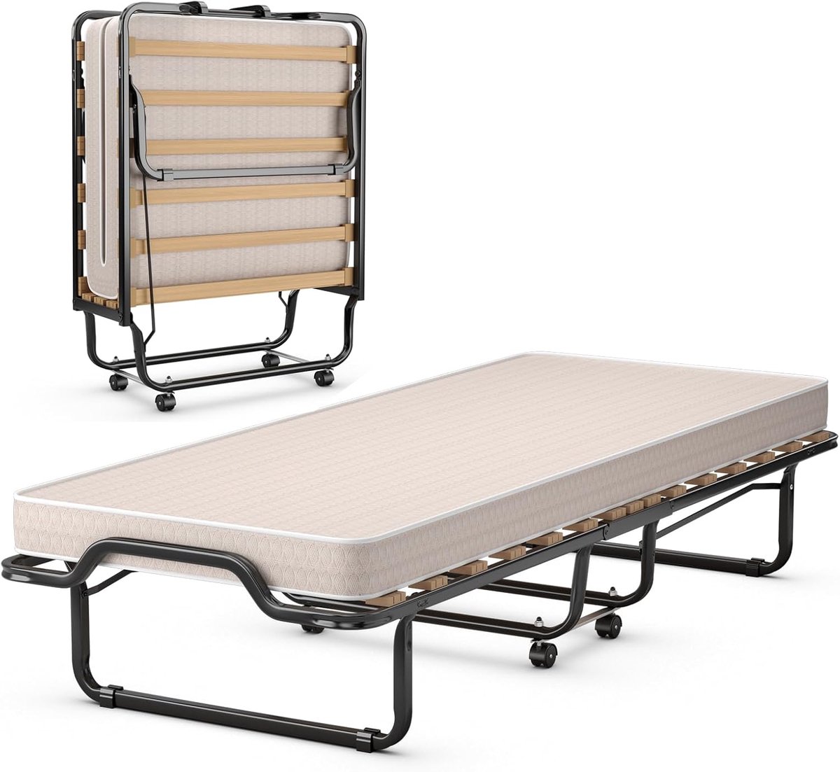 Costway 80 x 200 cm logeerbed, inklapbaar, opvouwbaar met matras van terugstelschuim, opklapbed met stevig stalen frame, tot 120 kg belastbaar, metalen bed op wielen, voor kantoor, logeerkamer Beige