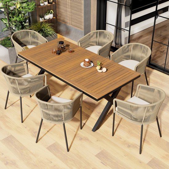 Ensemble de jardin, 7 pièces, salon de jardin en corde, 6 fauteuils et 1 table, table en bois d'acacia, avec semelles et six coussins d'assise, amovible et lavable