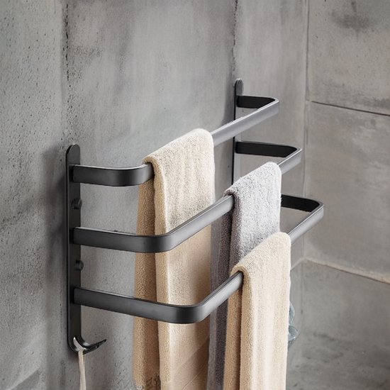 GDRN | Porte-serviettes 3 niveaux - Autocollant ou à percer - Porte-serviettes - Largeur 60 centimètres - Zwart