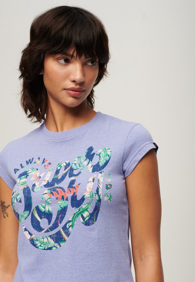 Superdry T-shirt met kapmouwen bloemenprint en tekst Dames T-shirts Violet Marl