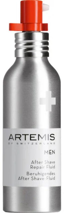Zilverkleurige fles met rode dop, met het ARTEMIS MEN logo en een kruis.