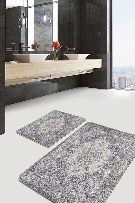 Badmat antislip 2 stuk set - 60x100 & 50x60 - Antislip Douchemat - Wc mat - Zacht - Vintage Klassiek