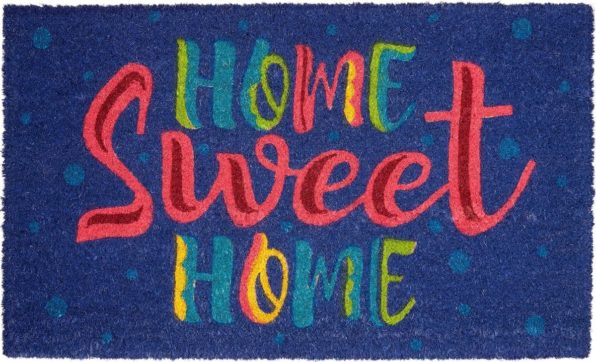 BRUBAKER Deurmat voor buiten en binnen, Home Sweet Home, 45 x 75 cm, vuilvangmat van 100% kokos, antislip voetveger, weerbestendig en antislip, deurmat voor huisdeur, blauw, kleurrijk