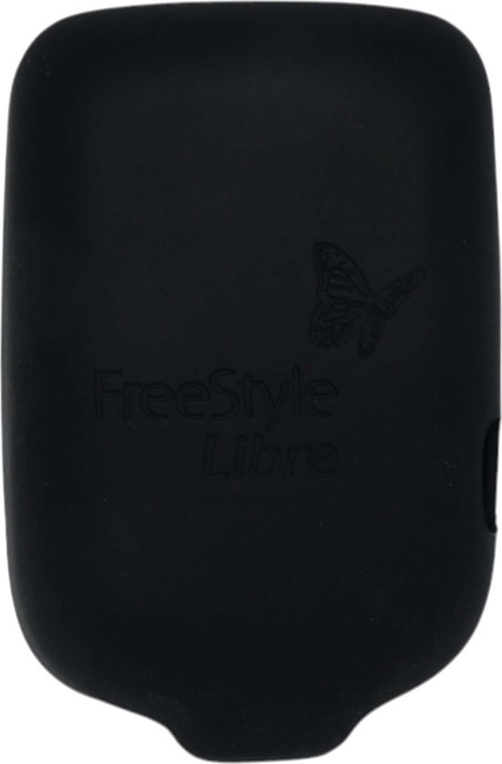 Zwart siliconen hoesje met vlinder en 'FreeStyle Libre' opdruk.