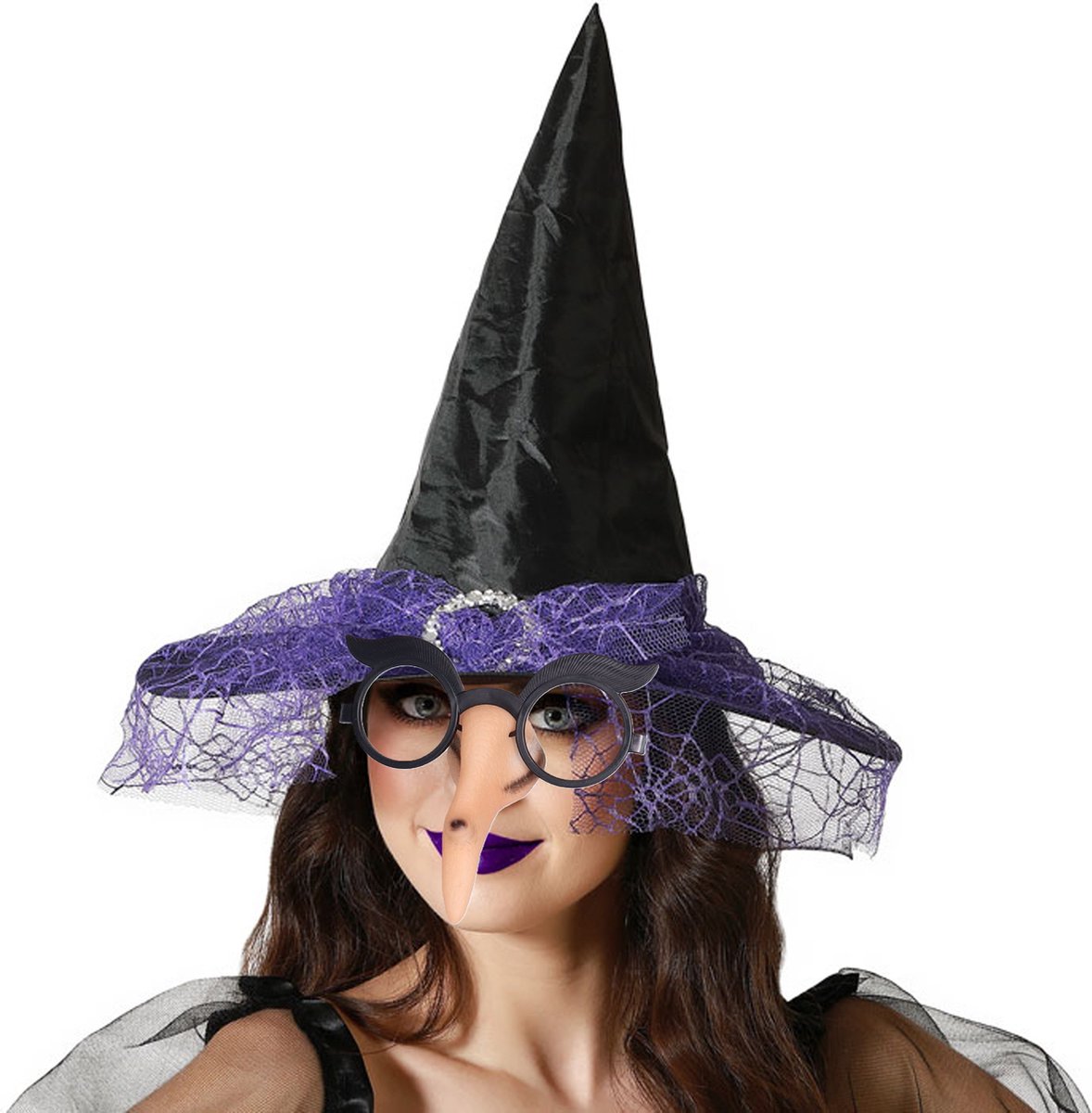 Verkleedkleding set Dames - Heks - Hoge hoed met sluier zwart/paars - haakneus en bril - Carnaval - Halloween