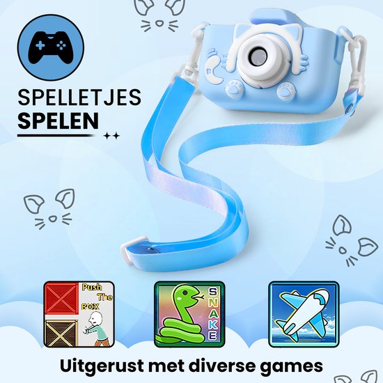 Lichtblauwe kindercamera met bandje en afbeeldingen van drie games: Push The Box, Snake en een vliegtuigspel.