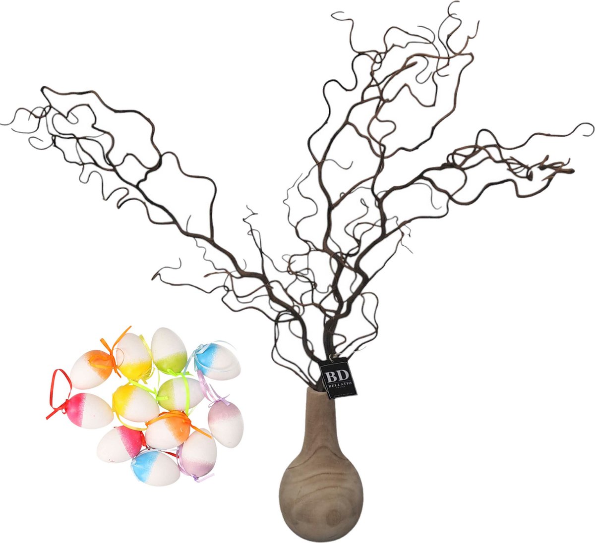 Bellatio Design Kronkelhazelaar kunst paastak - incl paaseieren - 87 cm - paasdecoratie kunsttakken Multi pastel