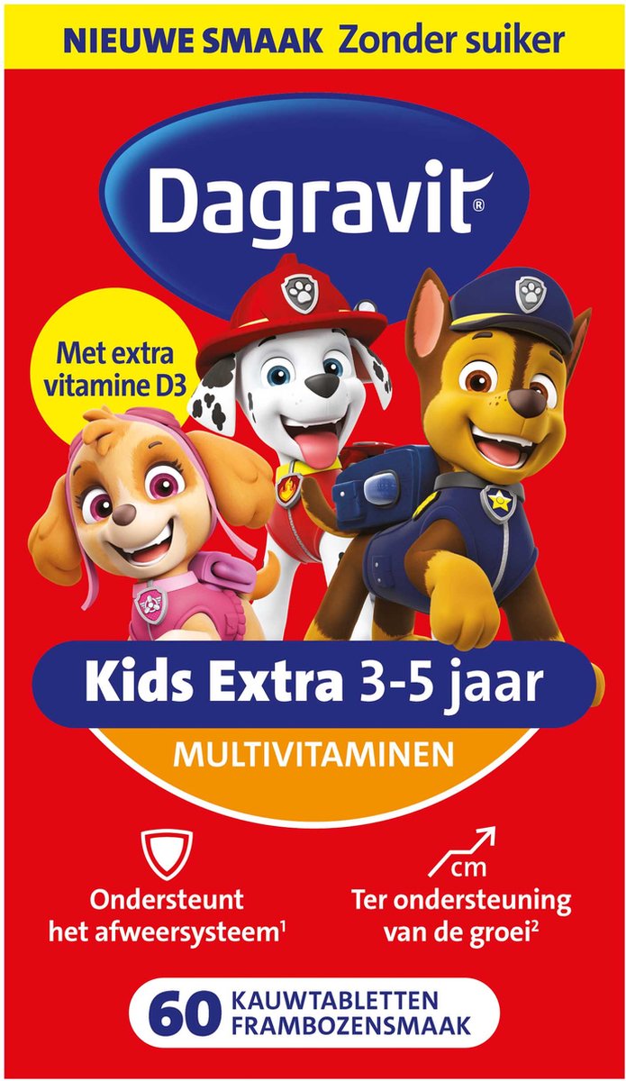 Goedkoopste Dagravit Kids Extra 3-5 jaar Multivitaminen - Paw Patrol - Ondersteunt het afweersysteem (1) - Ter ondersteuning van de groei (2) - Frambozensmaak - Suikervrij - 60 kauwtabletten