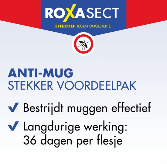 ROXASECT ANTI-MUG STEKKER VOORDEELPAK: bestrijdt muggen effectief met 36 dagen werking per flesje.