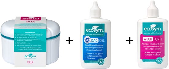 Een witte Ecosym gebitsbakje met blauwe en groene details, naast een flesje dagelijkse reinigingsgel en een flesje wekelijkse reinigingsvloeistof.
