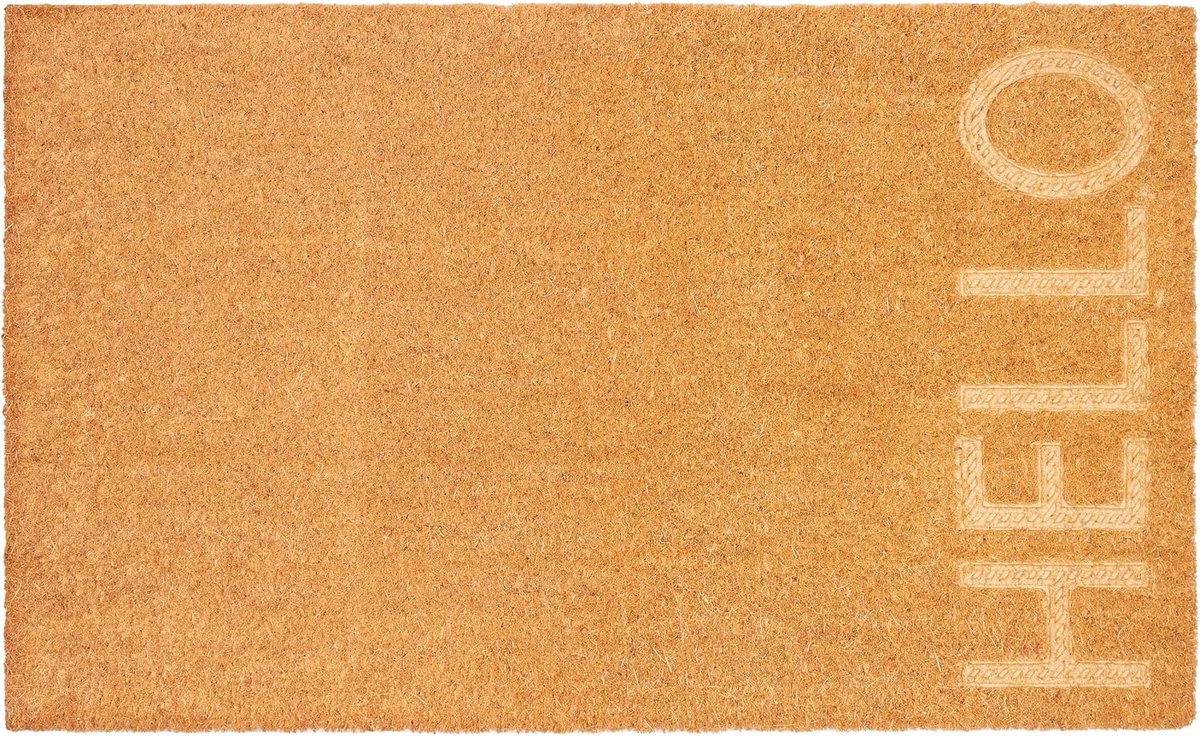 BRUBAKER Hello Deurmat voor buiten en binnen, 45 x 75 cm, vuilvangmat van 100% kokos, 3D-voetveger, weerbestendig en antislip, antislip deurmat voor voordeur en ingang, bruin