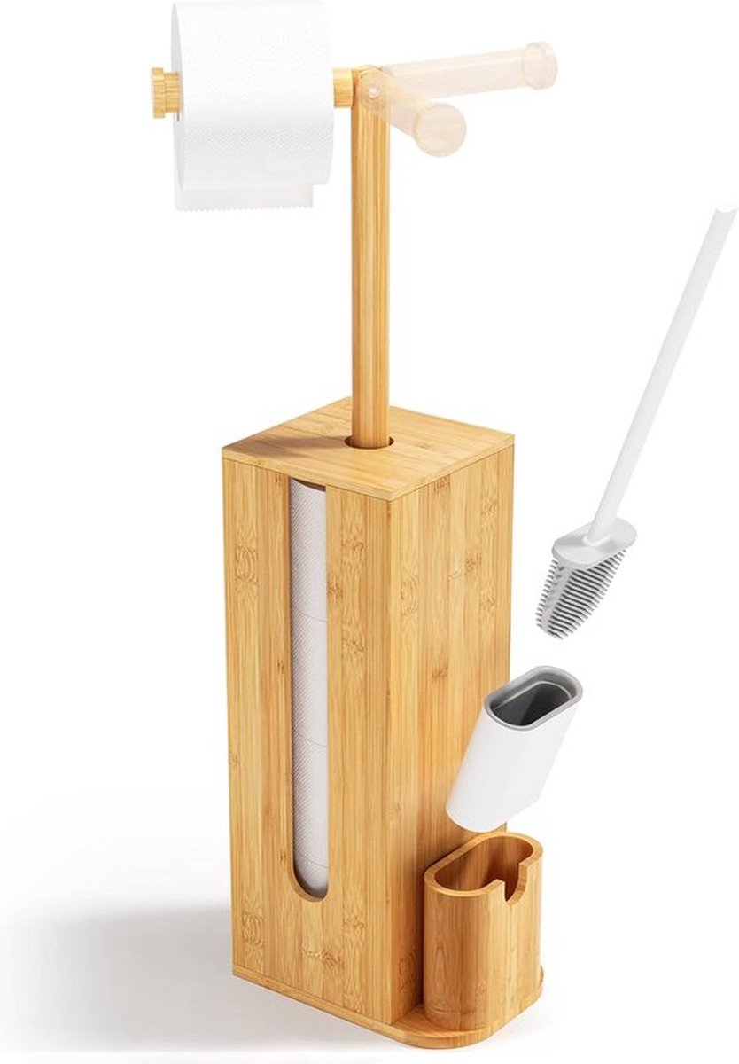 Toiletpapierhouder staand met wc-borstel - 3-in-1 WC-set van bamboe met toiletpapierhouder en opslag, toiletpapierhouder met borstel, 71,6 x 15,5 x 21,5 cm (h x b x d)