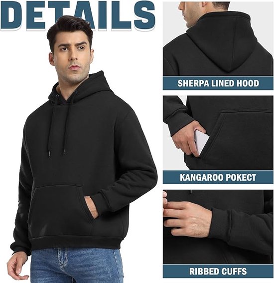 Zwarte hoodie met details: herenmodel, sherpa gevoerde capuchon, kangoeroezak, geribbelde manchetten.