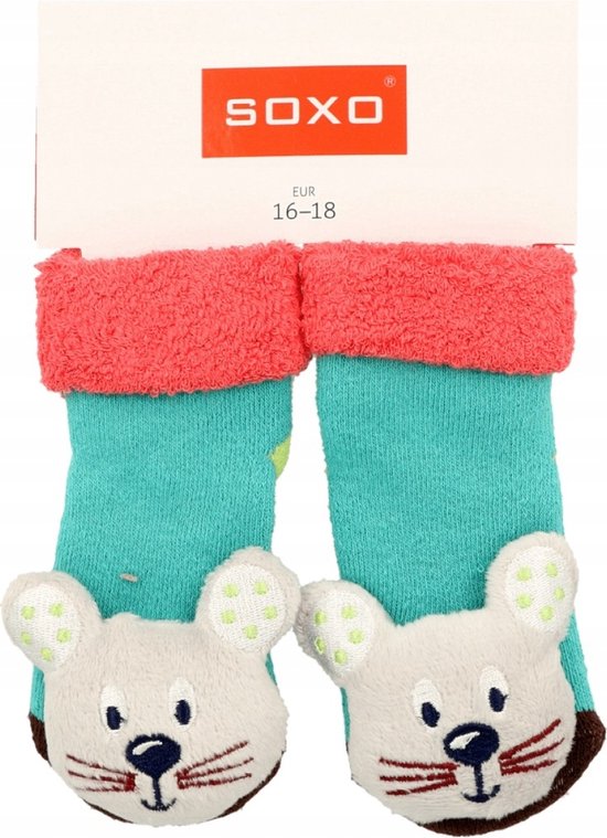 Chaussettes Soxo Vertes pour Bébé avec Hochet – Image Souris – Taille 16-18 – Pour Filles et Garçons de 0 à 6 Mois