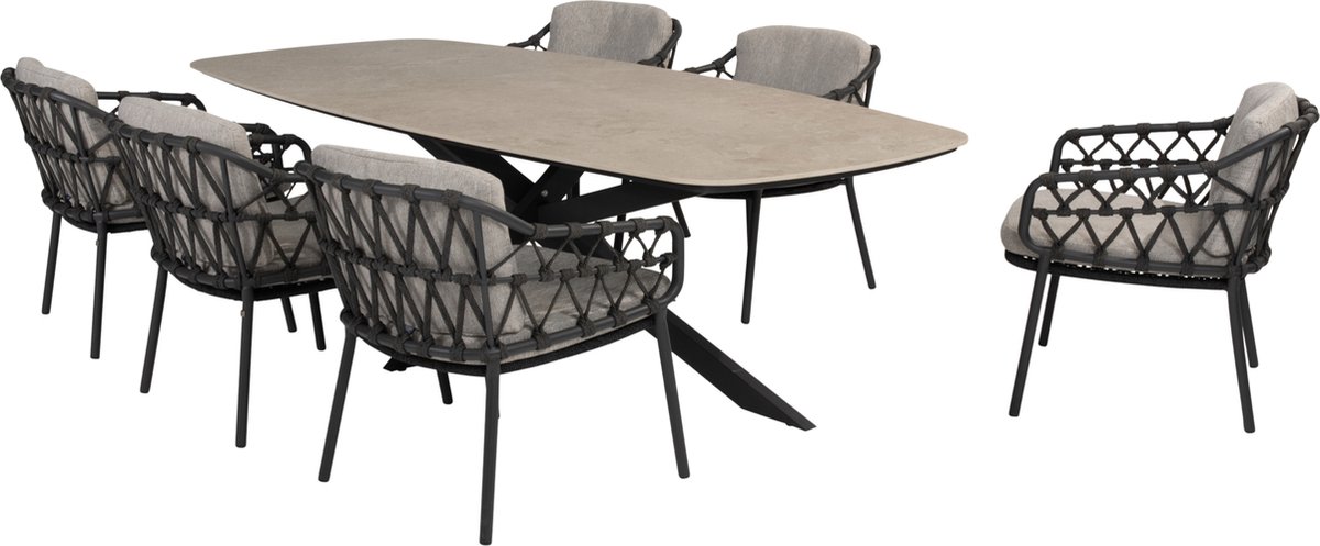 Prado Calpi barrel dining tuinset 7 delig 240x105xH75 cm keramiek antraciet 4 Seasons Outdoor