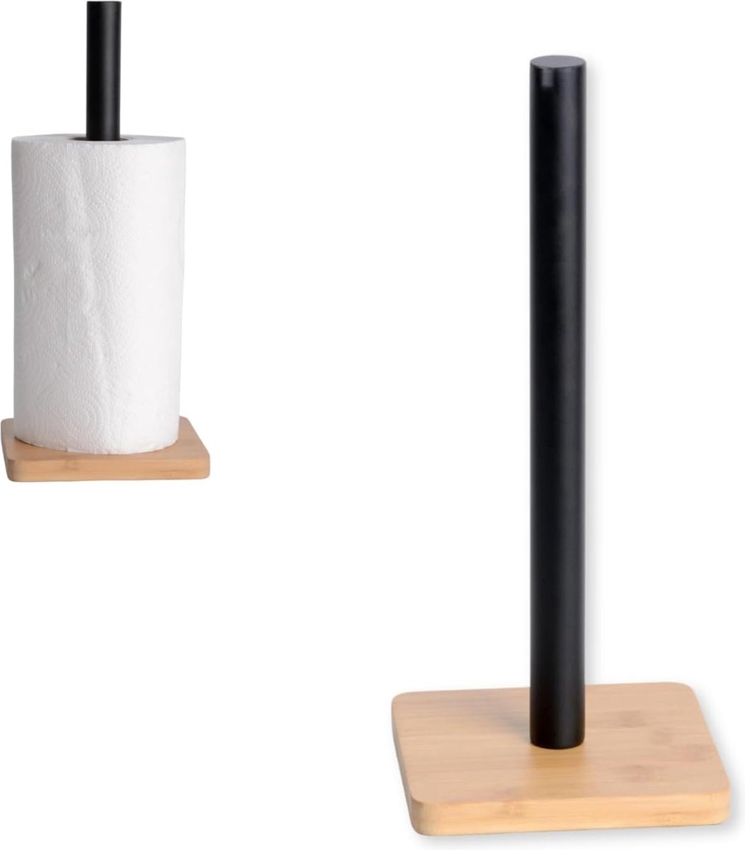 KOOK TIME Keukenrolhouder - Keramiek en Bamboe - Mat Zwart - Vrijstaand Design