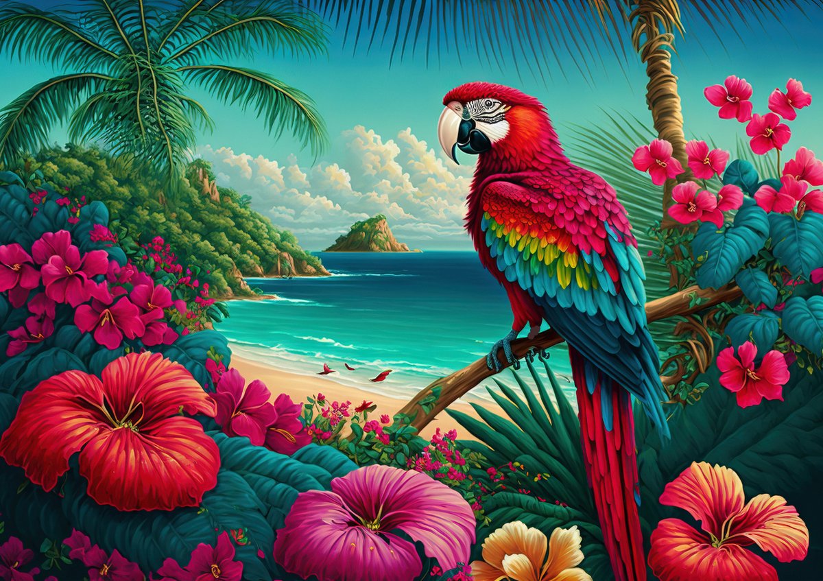 Mr. Broccoli Puzzel 1000 Stukjes Volwassenen - Parrot Island - Legpuzzel Papegaai op Tropisch Eiland - FSC® - Dieren Collectie - 68 x 48 cm — afbeelding 2