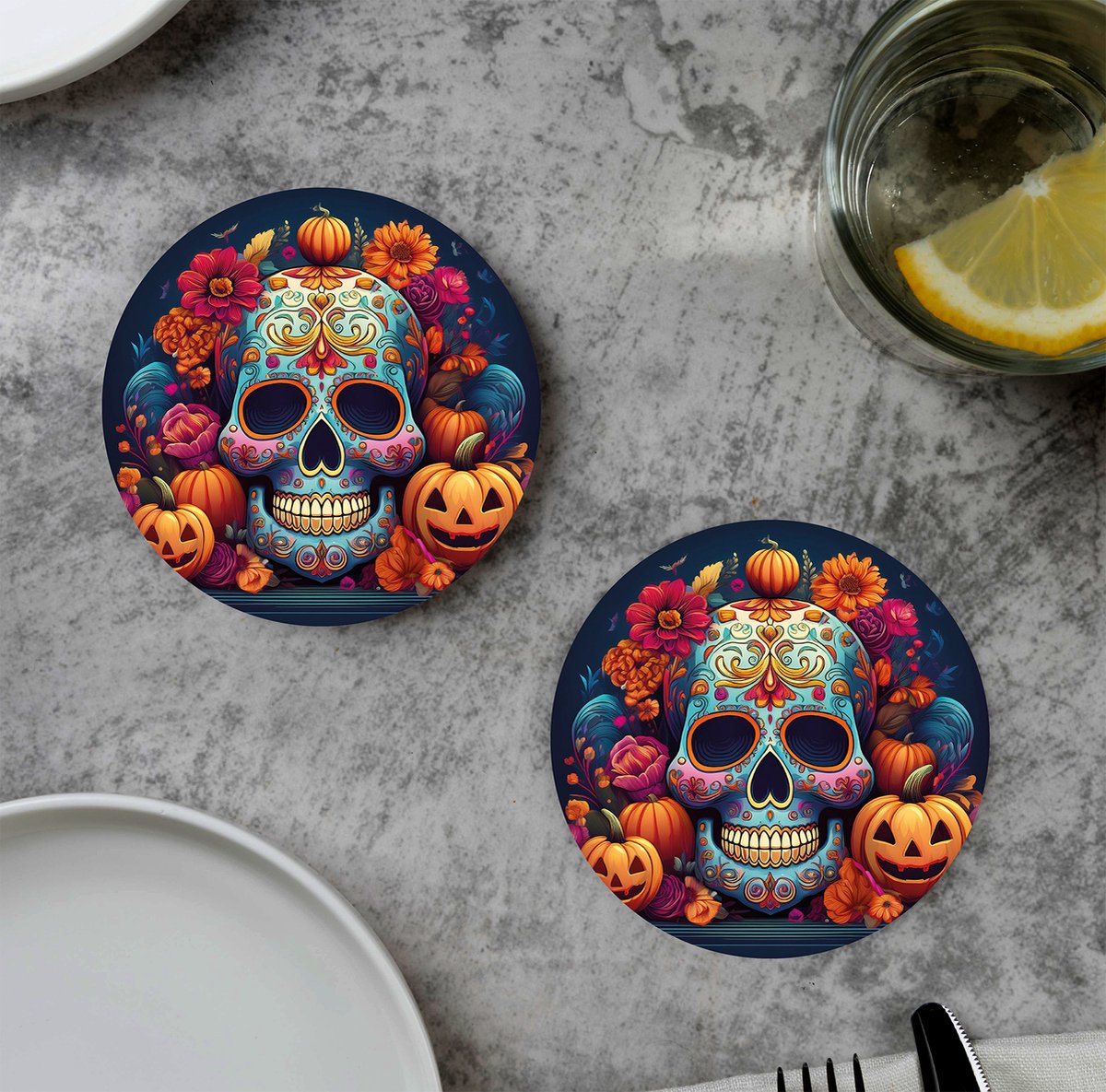 GR onderzetters voor glazen - Halloween Dia de Los Muertos Pumpkin Skull - Vinyl - 6st
