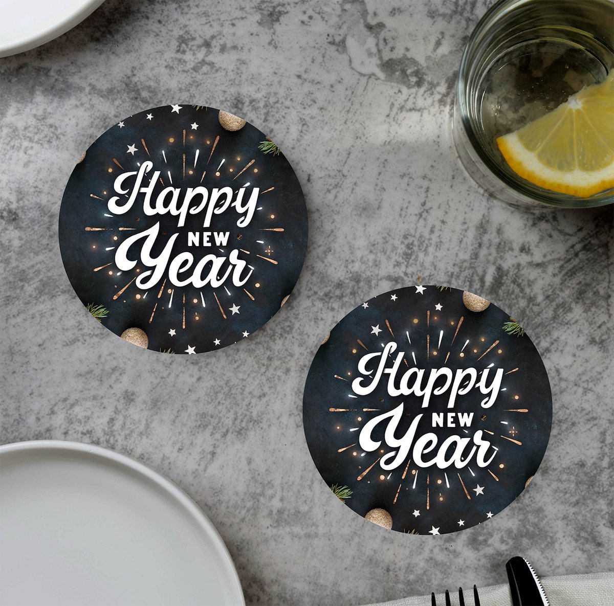 GR onderzetters voor glazen - Happy Newyear - Vinyl - 6st