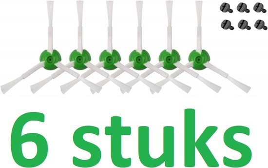 Zes witte zijborstels met groene ringen en zes schroefjes. Tekst '6 stuks'.
