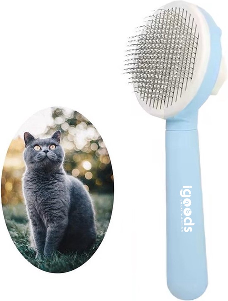 Igoods Dierenborstel - Hondenborstel - Kattenborstel - Kattenkam – Hondenvachtborstel - Ontpluizer - Zelfreinigende Borstel - Grooming Borstel voor Honden en Katten - Dunne naalden - Blauw