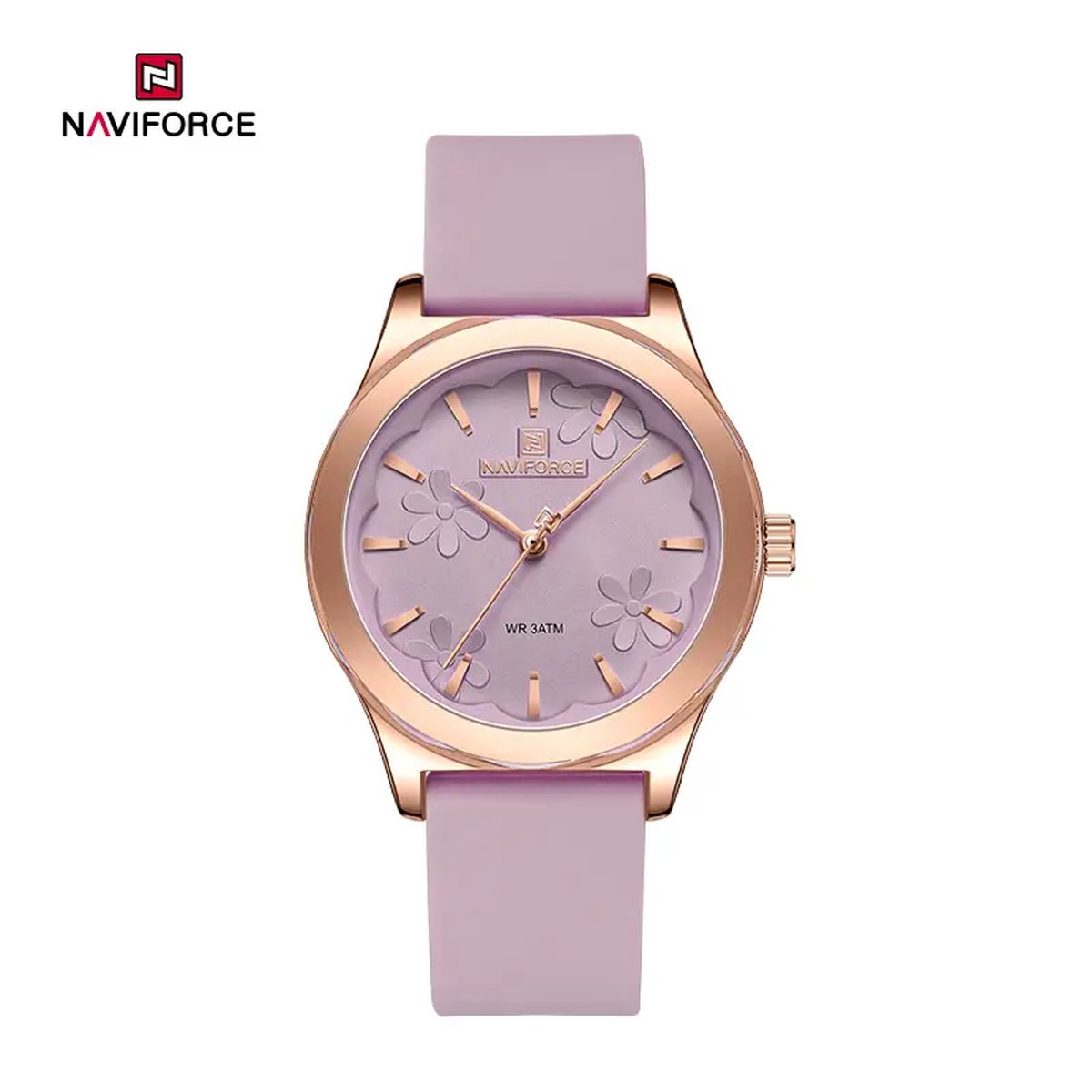 NAVIFORCE horloge met paarse siliconen polsband, paarsee wijzerplaat en rosé gouden horlogekast voor dames met stijl ( model 5051 RGPEPE )