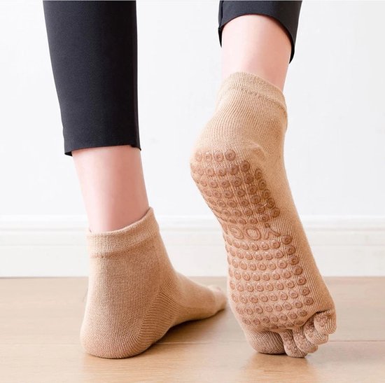 Without Lemon - Yoga Sokken - Antislip - Teensokken - Pilates - Sporten - Elastic - Comfort - One Size (Maat 36-41) - 1 Paar - Bruin van Without Lemon — afbeelding 2