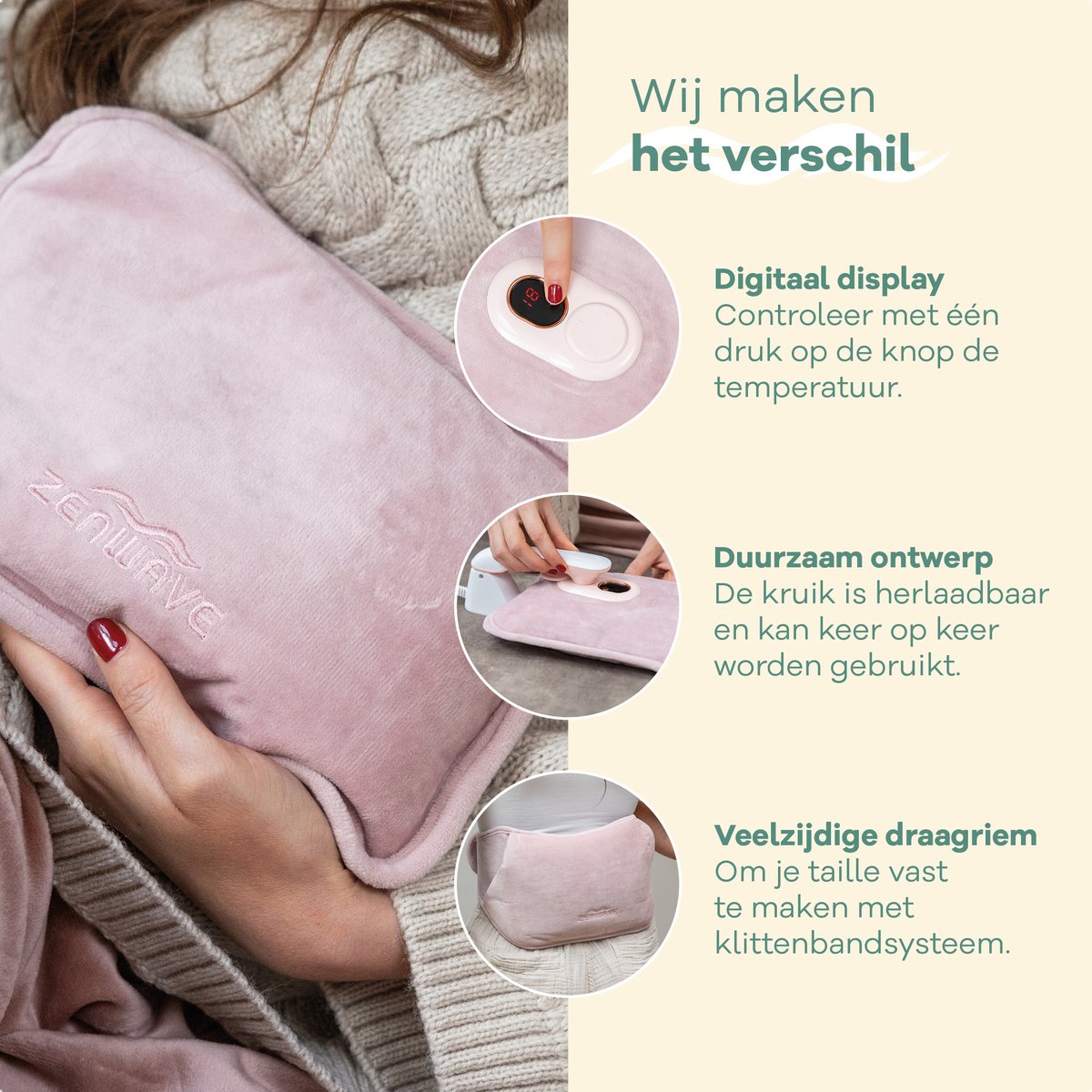 Zenwave Elektrische Kruik met Hoes - Digitaal Display - Warmtekruik & Waterkruik met Handwarmers - Oplaadbare Warmtekussen - Menstruatie Warmteband - Duurzaam & Draadloos - Kamperen & Outdoor - Warmwaterkruik Roze – foto 2