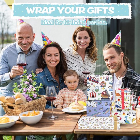 6 rollen cadeaupapier voor kinderverjaardag, 3 m