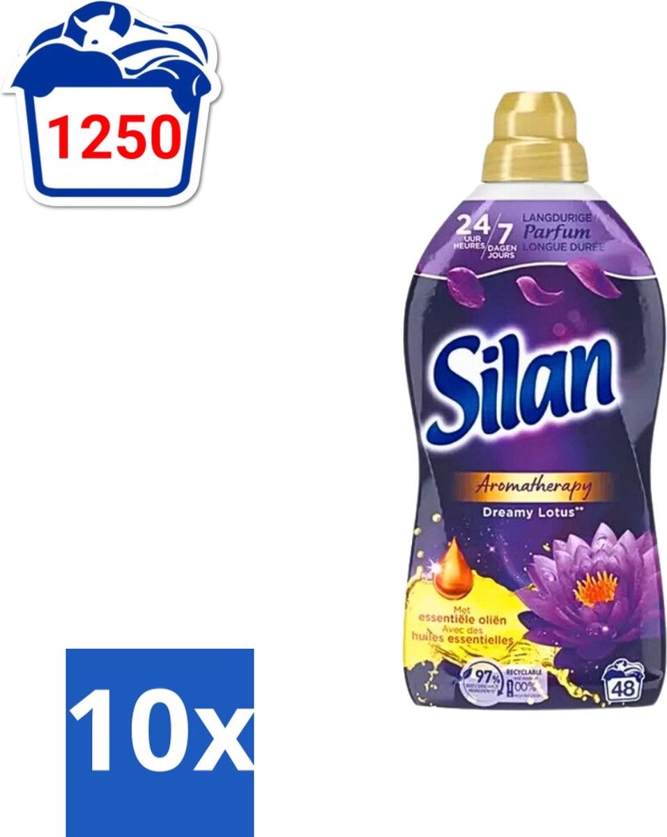 10 x Silan Aromatherapy - Wasverzachter - Dreamy Lotus - Essentiële Oliën en Langdurige Parfum - 48 Wasbeurten - 1.056L - Voordeelverpakking - 10 stuks