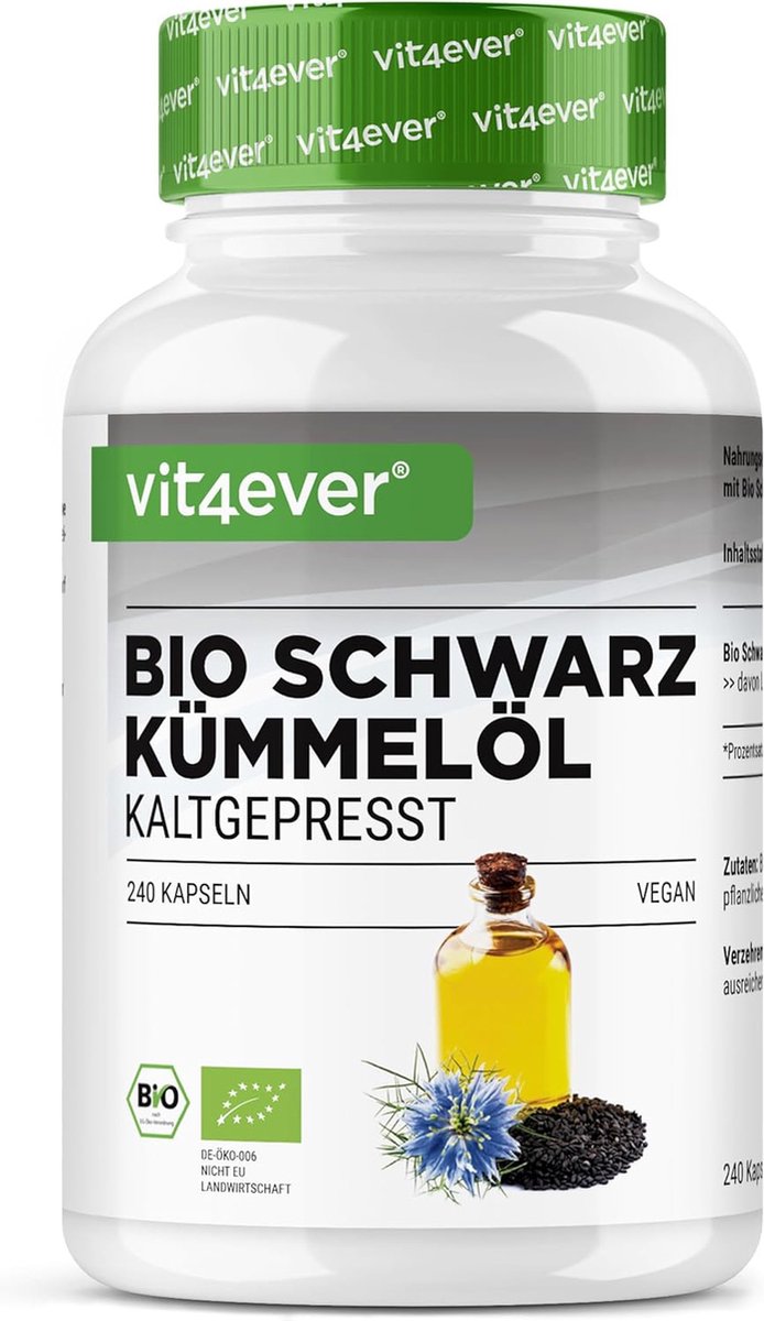 Biologische zwarte komijnolie - 240 veganistische capsules - hoge dosering: 1000mg Egyptische zwarte komijnolie per dagdosering - waarvan 50% linolzuur - koudgeperst - 100% plantaardig