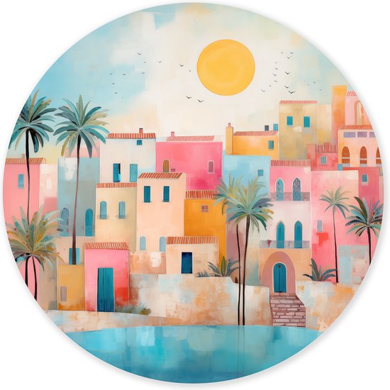 Graphic Message - Wandcirkel - Kleurrijk Tropisch Dorp - Landschap - Wanddecoratie Woonkamer 90cm - Moderne Kunst - Blauw - Kleurrijke Huizen - Print op cirkel - Rond