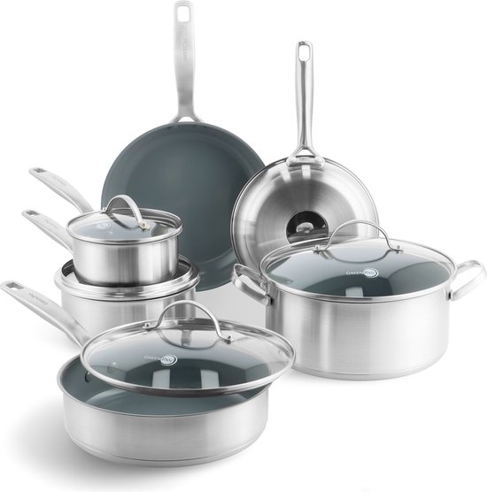 GreenPan Treviso 10-delige set - inductie - alle warmtebronnen - incl deksels - RVS - PFAS-vrij