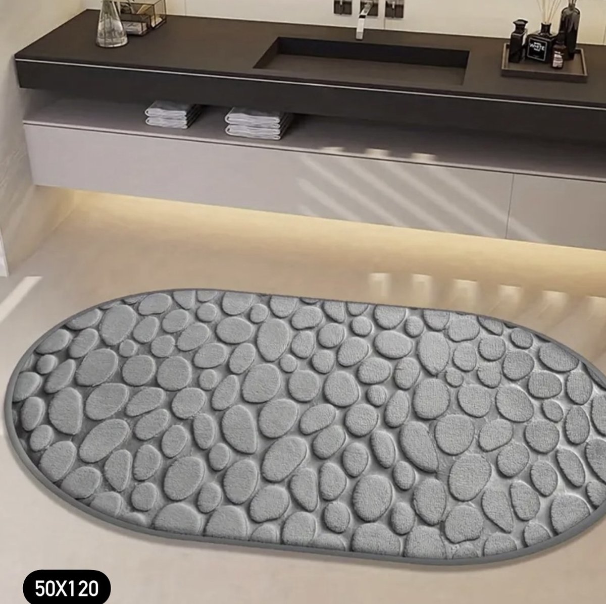 Twenty Two ovaal fleece badkamermat van gebreid stof 50x120cm (grijs/antraciet) luxe design - langwerpig vorm douchemat voor bad, douche, zacht en absorberend, antislip mat - badkameraccessoire - geeft je badkamer een luxe uitstraling