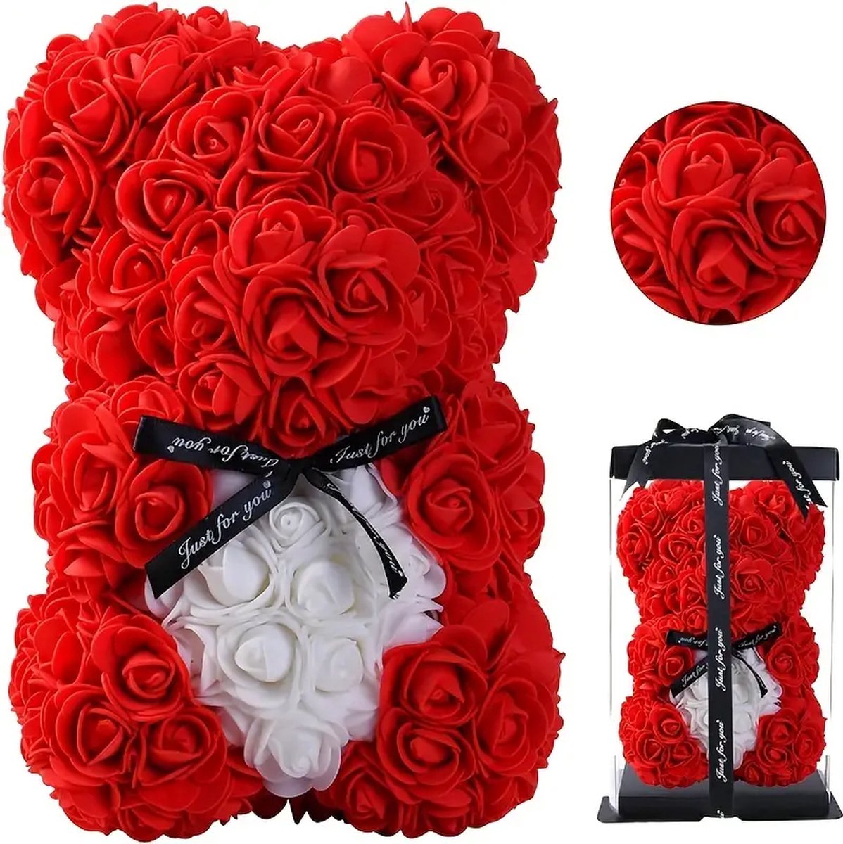Rozenbeer met Hartvormige Doos – Romantisch Cadeau voor Valentijn, Verjaardag of Jubileum, 25cm Handgemaakt met "Alleen voor Jou" Lint, Rode & Witte Rozen, Perfect voor Decoratie.