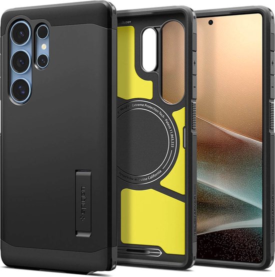 Samsung Galaxy S25 Ultra hoesje Spigen Tough Armor MagFit zwart, stevige schokbestendige case met MagSafe compatible