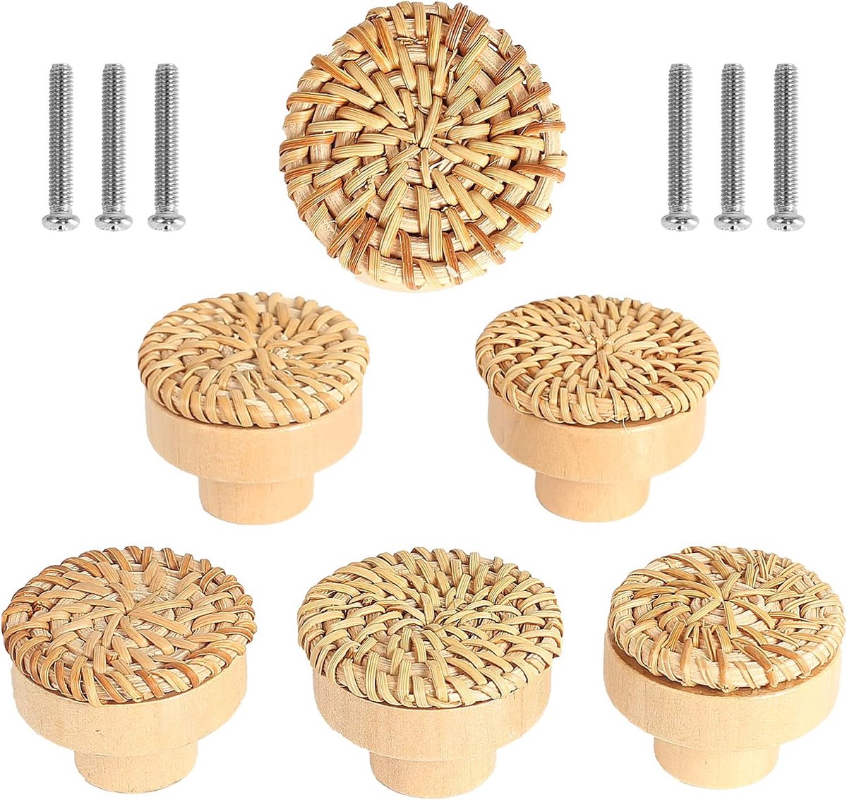 Goodivery Unieke Handgemaakte Ronde Rieten Meubelknoppen voor Kasten en Lades Scandinavische en Boho Stijl Inclusief Schroeven