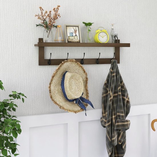 Wandkapstok, Kapstokhaken met Plank, Bamboe Hangende Plank voor Badkamer, Slaapkamer, Woonkamer, Ingang, Kantoor(Brown,6 hooks