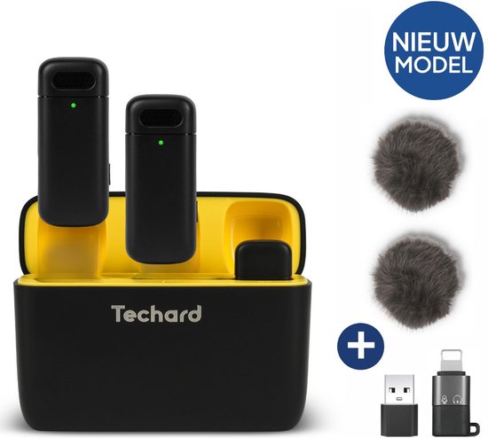 Foto: Techard draadloze microfoon 2 stuks met oplaadcase dasspeld microfoon lavalier microfoon draadloos microfoons inclusief windkapjes en adapters