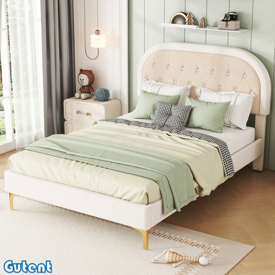 Lit double Gutent - 140x200 cm - Tête de lit incurvée - Velours - Beige - Sans matelas