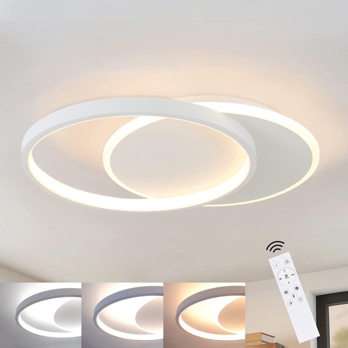 NETTLIFE Plafondlamp - LED - Ø 41 cm - Moderne Wit plafonniére - 35W - 2 Ronde ring - 3000K-6500K Instelbare Kleurtemperatuur