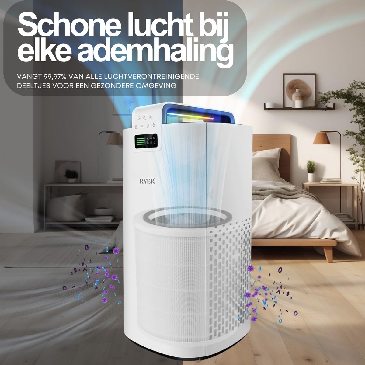 RYER Luchtreiniger XL - HEPA 13 filter + Koolstoffilter - CADR 350 m3/u - Helpt bij hooikoorts, allergieën, huisstofmijt en stof - Luchtkwaliteitsindicator - Slaapstand - Met App thumbnail 8