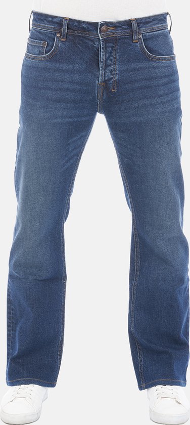 Blauwe jeans met een bootcut pasvorm, met oranje stiksels en opgestikte achterzakken.