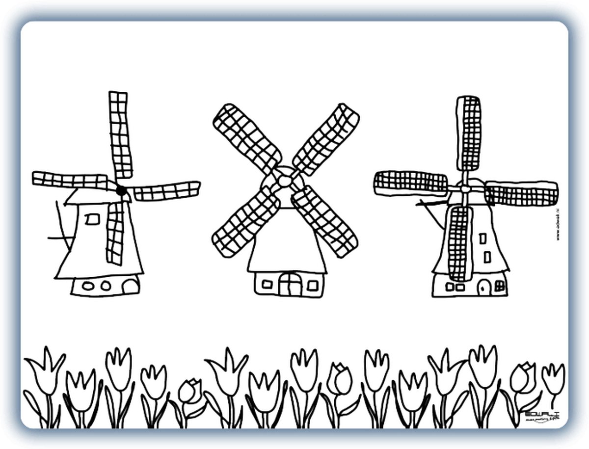 Placemat 3 molens - inkleurbaar en uitveegbaar - 30 x 40 cm