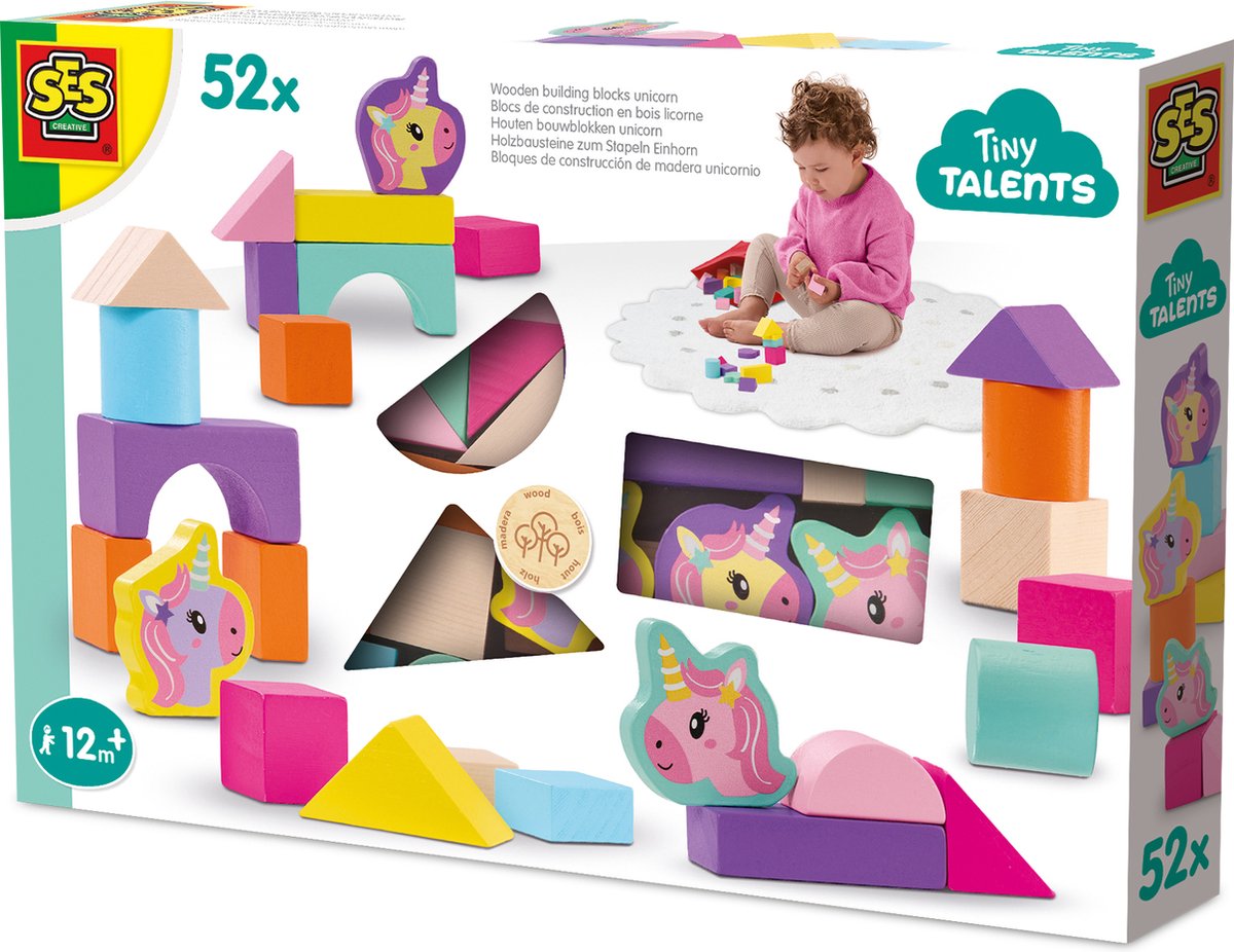 SES Creative - Tiny Talents - Houten Bouwblokken Eenhoorn - 52-delige blokken set - stimuleert creativiteit - fijne motoriek - magische kleuren - eenhoorn speelgoed - houten speelgoed