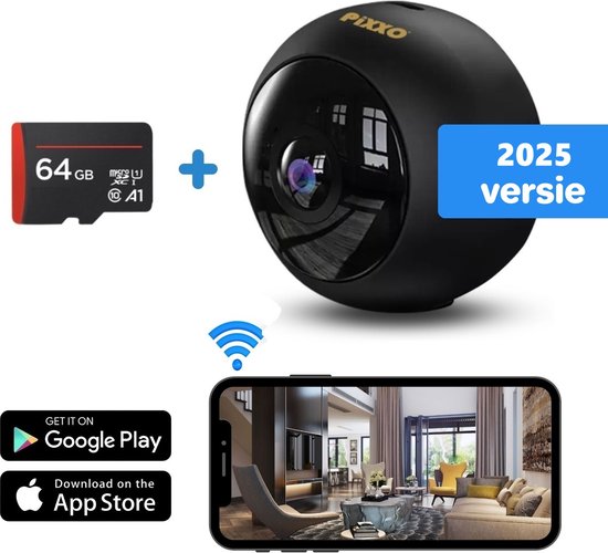 PiXXO® IP Spy Camera met App & WiFi - FullHD 1080P/30fps - 16:9 Beeldvullend - Bewegingsdetectie - Infrarood Nachtzicht - Spy Cam - Bewakingscamera - Beveiligingscamera - Verborgen Camera - 64GB Micro-SD - Nederlandse Handleiding