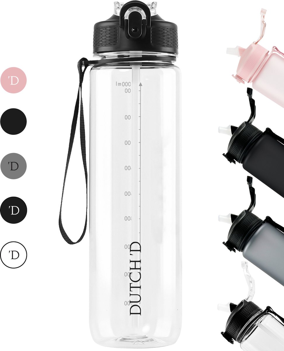 Dutch'D ® - 1 Liter - Waterfles - Drinkfles met rietje - Transparant - Tritan - BPA Vrij - Rietje - Lek Vrij - Drinkfles Volwassenen en Kinderen - Vaatwasser Bestendig - Sport Bidon - Motivatie fles - Cadeau Tip!